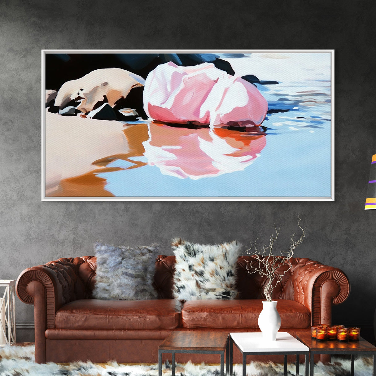 Pink Rock, Water Reflection, Framed Canvas Print, Minimalist Landscape, Nature Aesthetic, Serene Home Decor, Modern Art, Office Wall