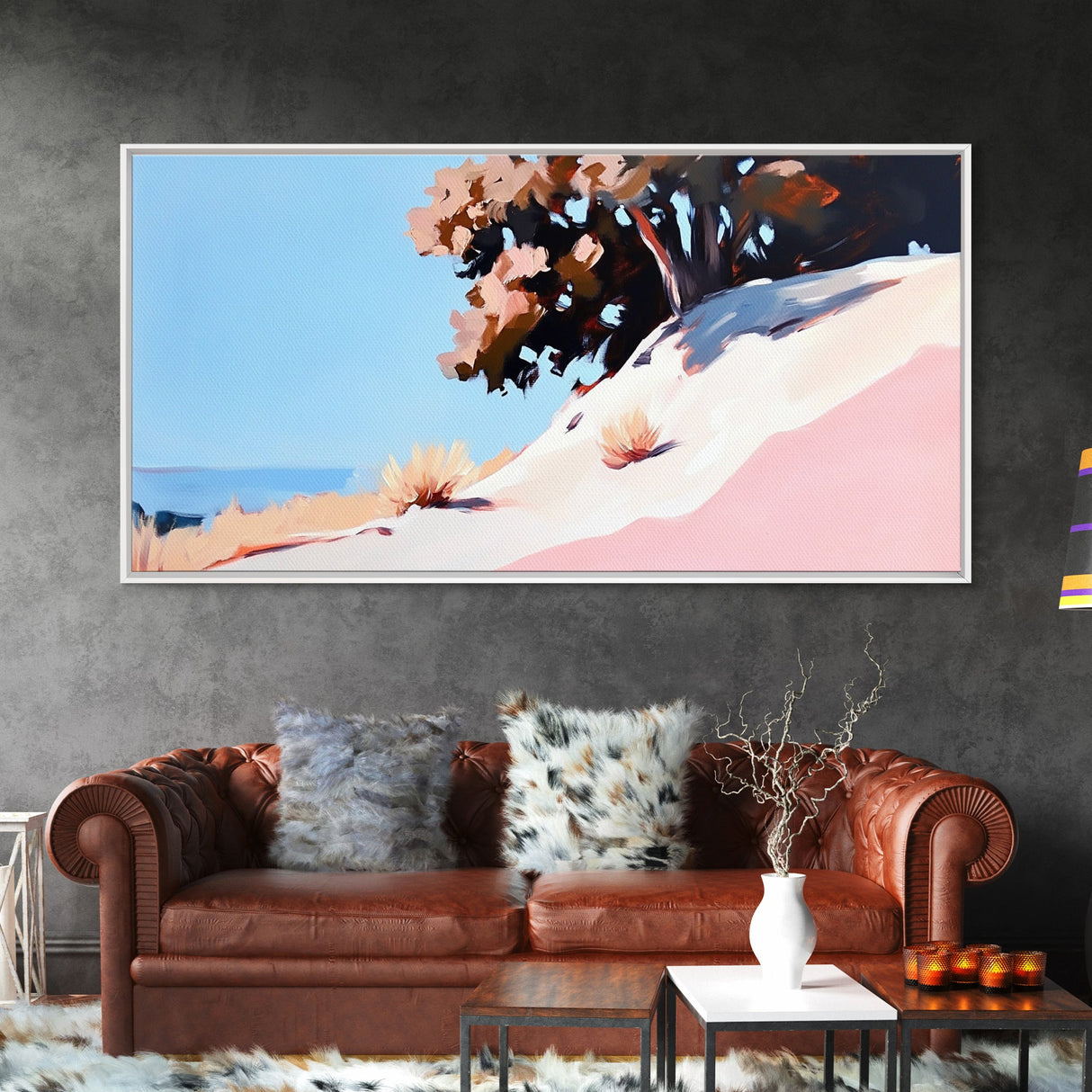 Sunlit Hill, Nature Wall Art, Serene Desert Scene, Warm Earthy Tones, Cozy Boho Decor, Relaxing Landscape Painting, Framed Canvas Print