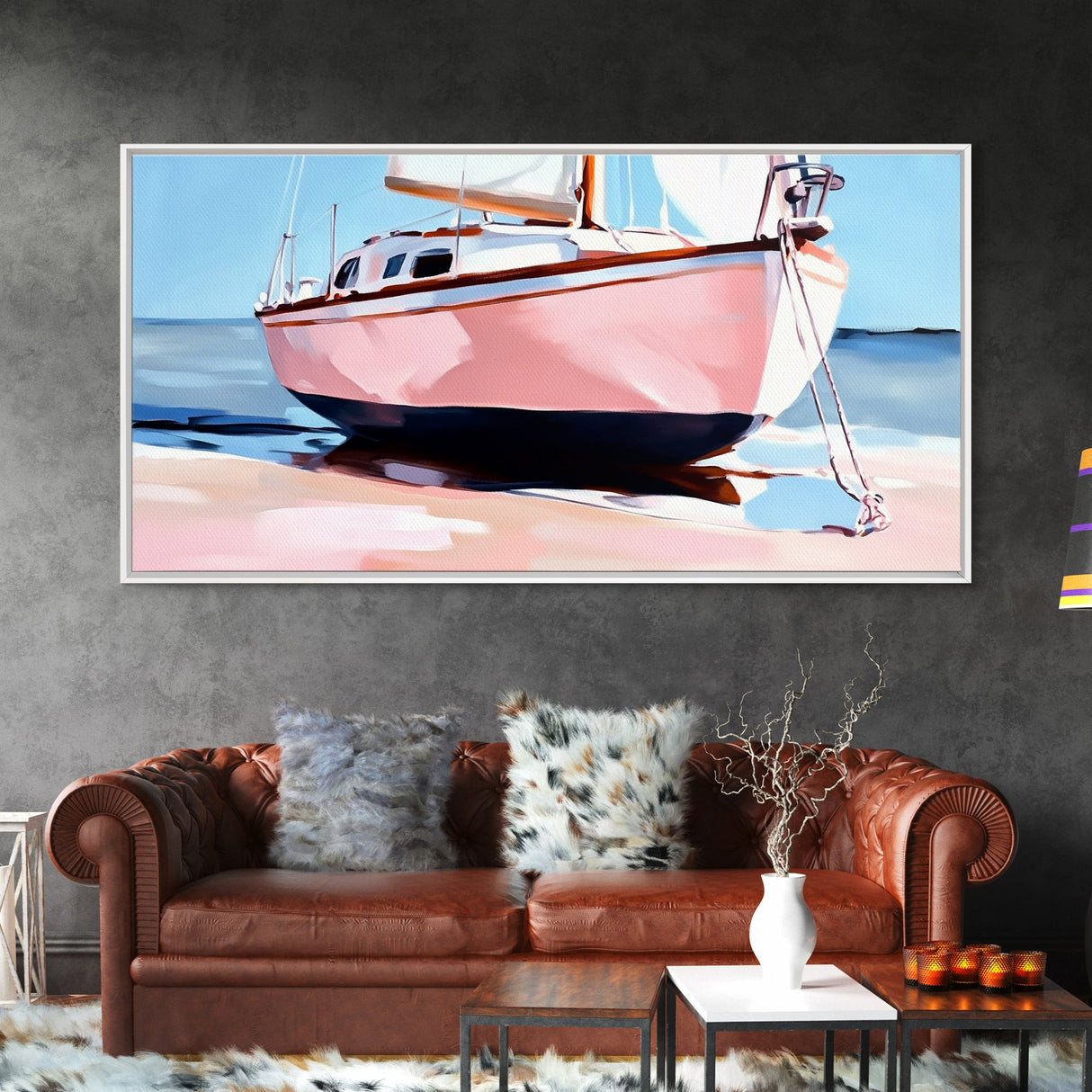 Sailboat Painting, Nautical Wall Art, Coastal Living Decor, Soft Pastel Blue and Pink, Ocean Scene, Beach House Aesthetic, Framed Canvas Print
