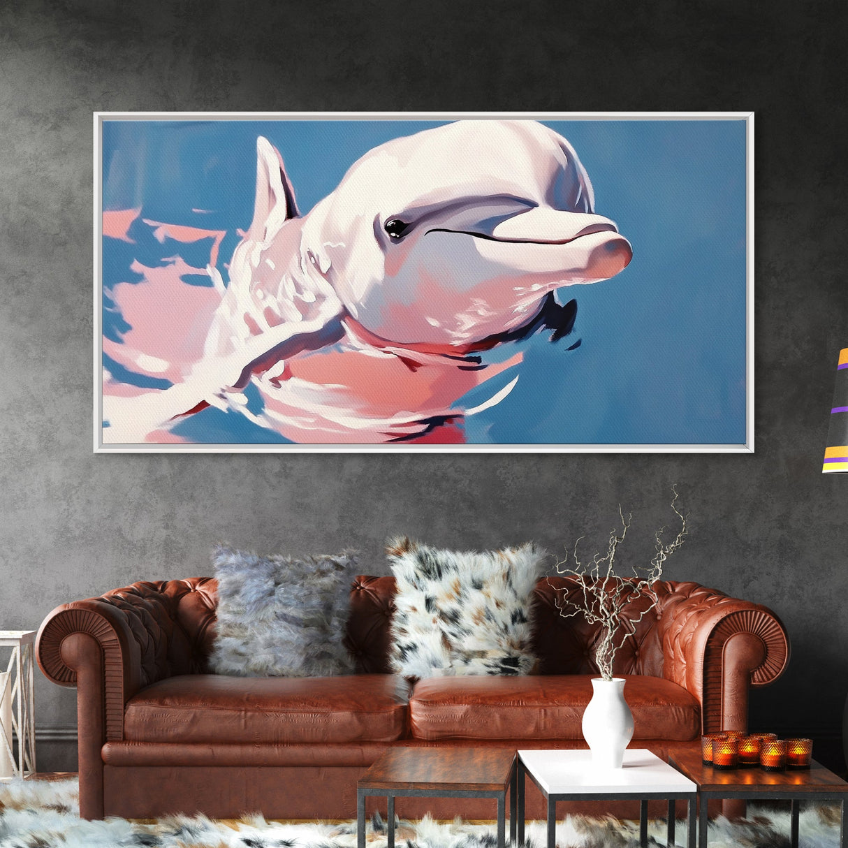 Playful Dolphin, Ocean Wildlife Art, Nautical Theme, Marine Life Decor, Coastal Animal Print, Minimalist Blue Art, Canvas Print, Kids Room