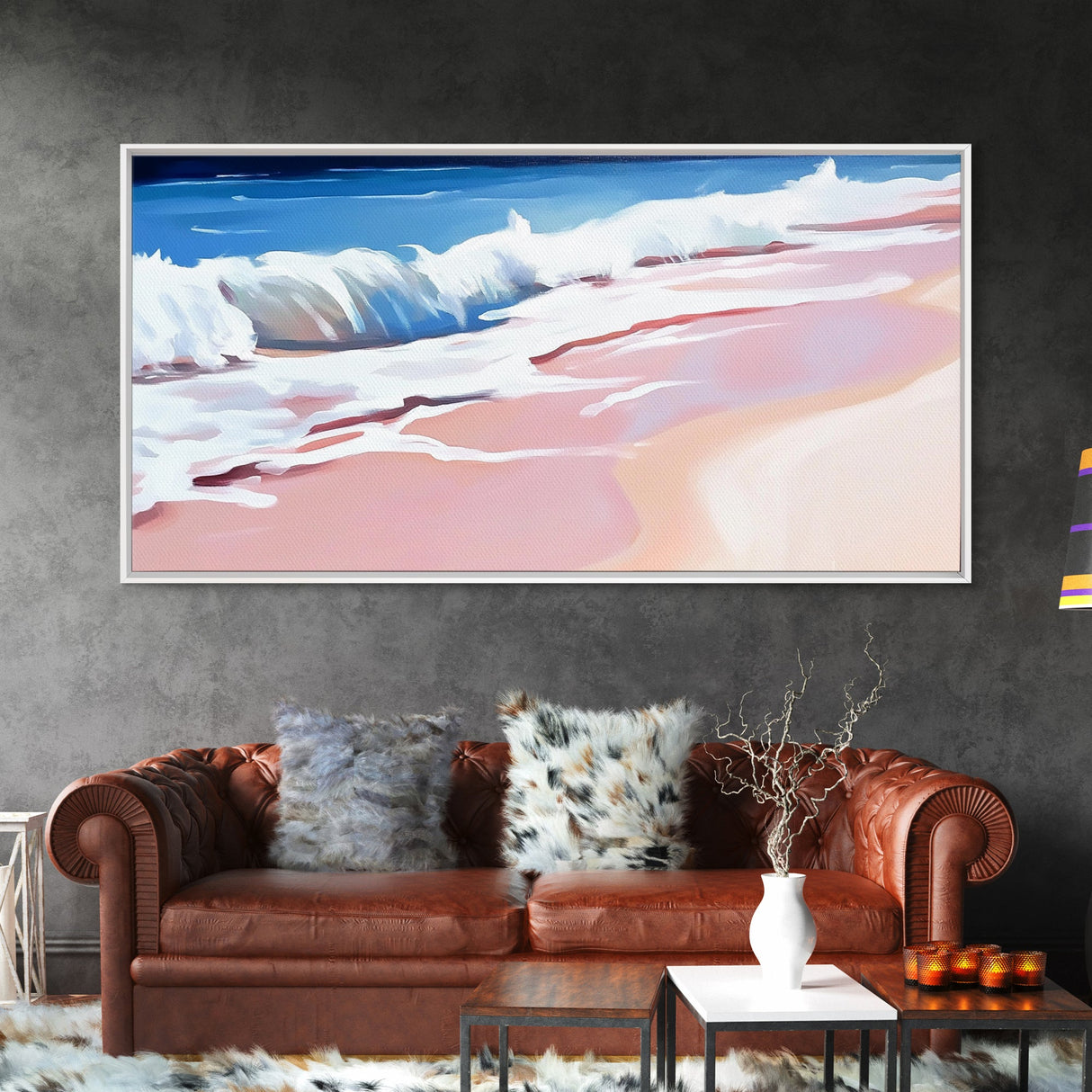 Pink Waves, Ocean Painting, Coastal Home Decor, Beach Wall Art, Summer Aesthetic, Minimalist Seascape, Canvas Print, Nautical Theme