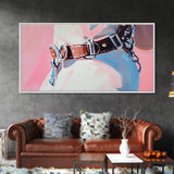 Leather Belt, Western Fashion, Modern Cowboy Art, Chic Home Decor, Framed Canvas Print, Minimalist Pink and Blue Wall Art