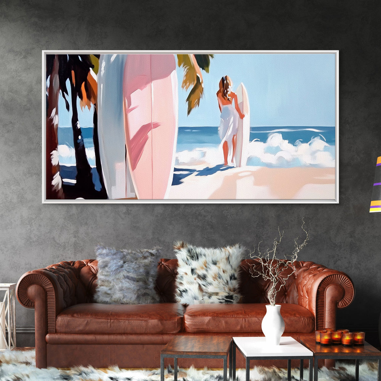 Surfer Girl, Coastal Art, Framed Canvas Print, Beach Wall Decor, Tropical Aesthetic, Ocean Painting, Summer Vibes, Modern Home Art