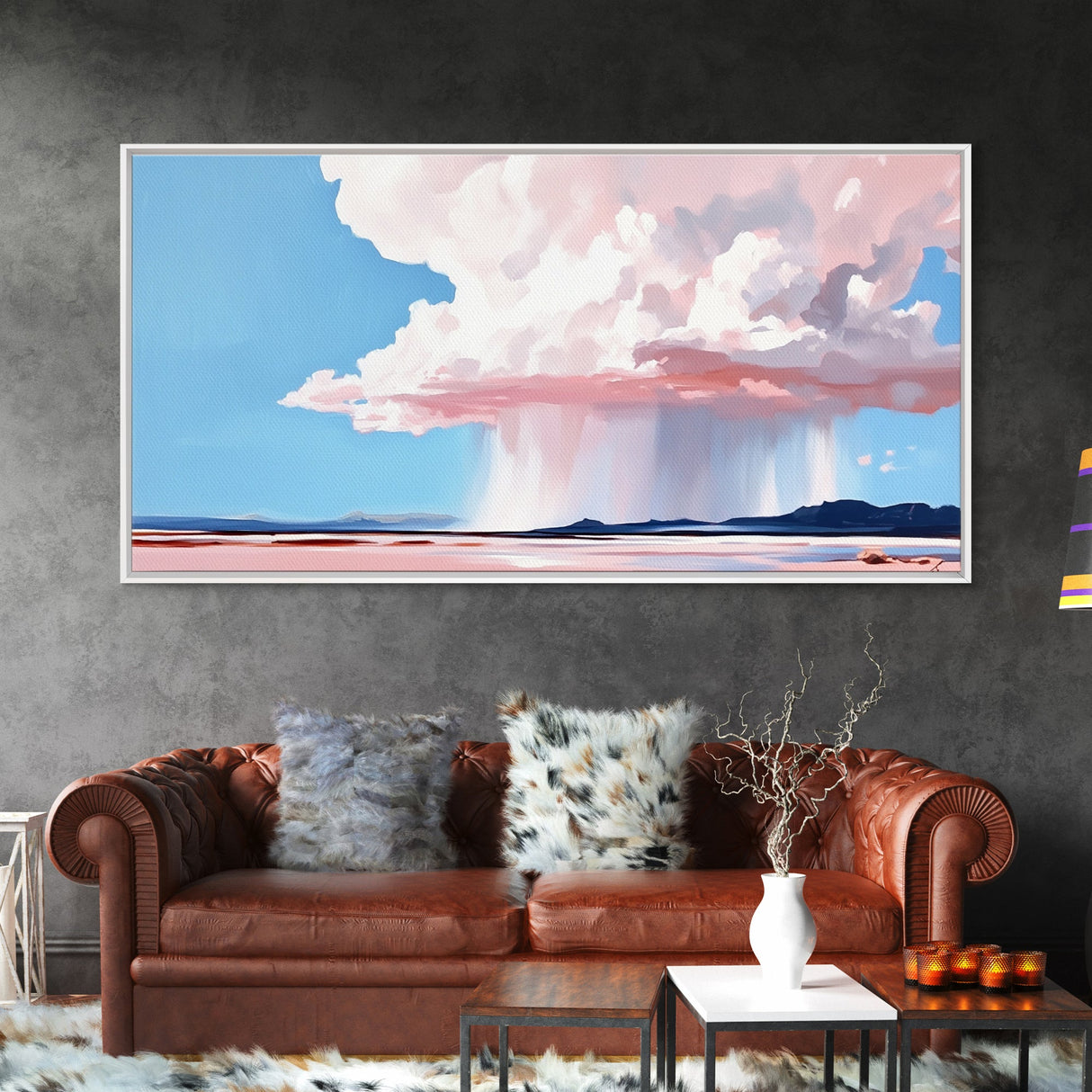 Rainstorm Horizon, Sky Art, Framed Canvas Print, Nature Wall Decor, Dreamy Landscape, Pastel Cloud Painting, Modern Home Vibes