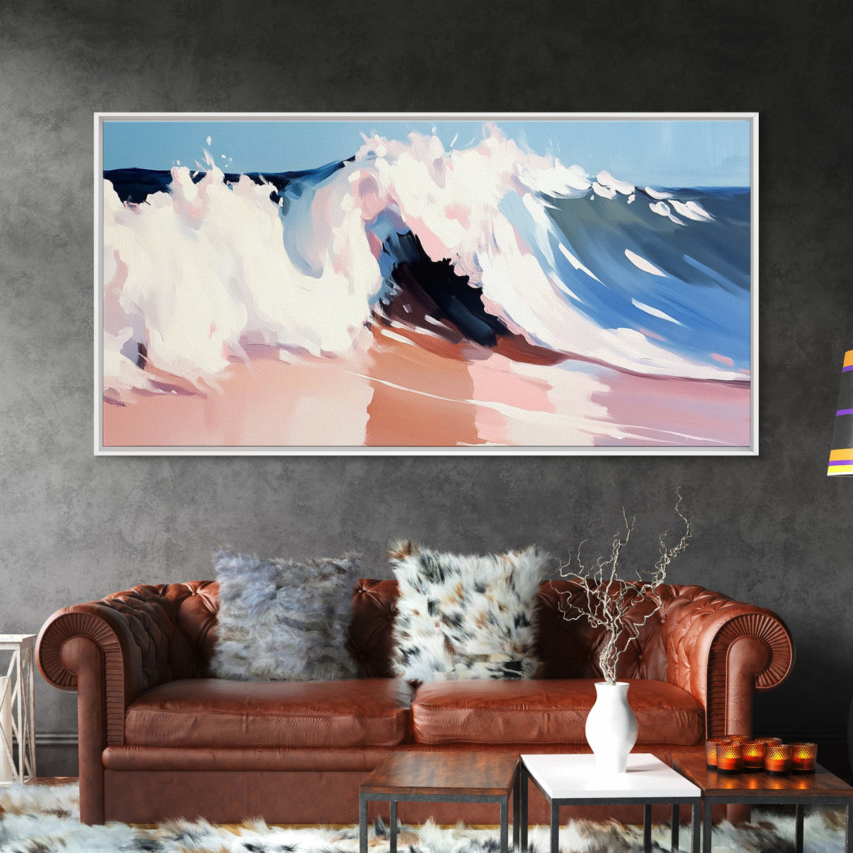 Tidal Wave, Beach Art, Framed Canvas Print, Surfer Decor, Minimalist Coastal Aesthetic, Pastel Ocean Scene, Living Room Wall Art