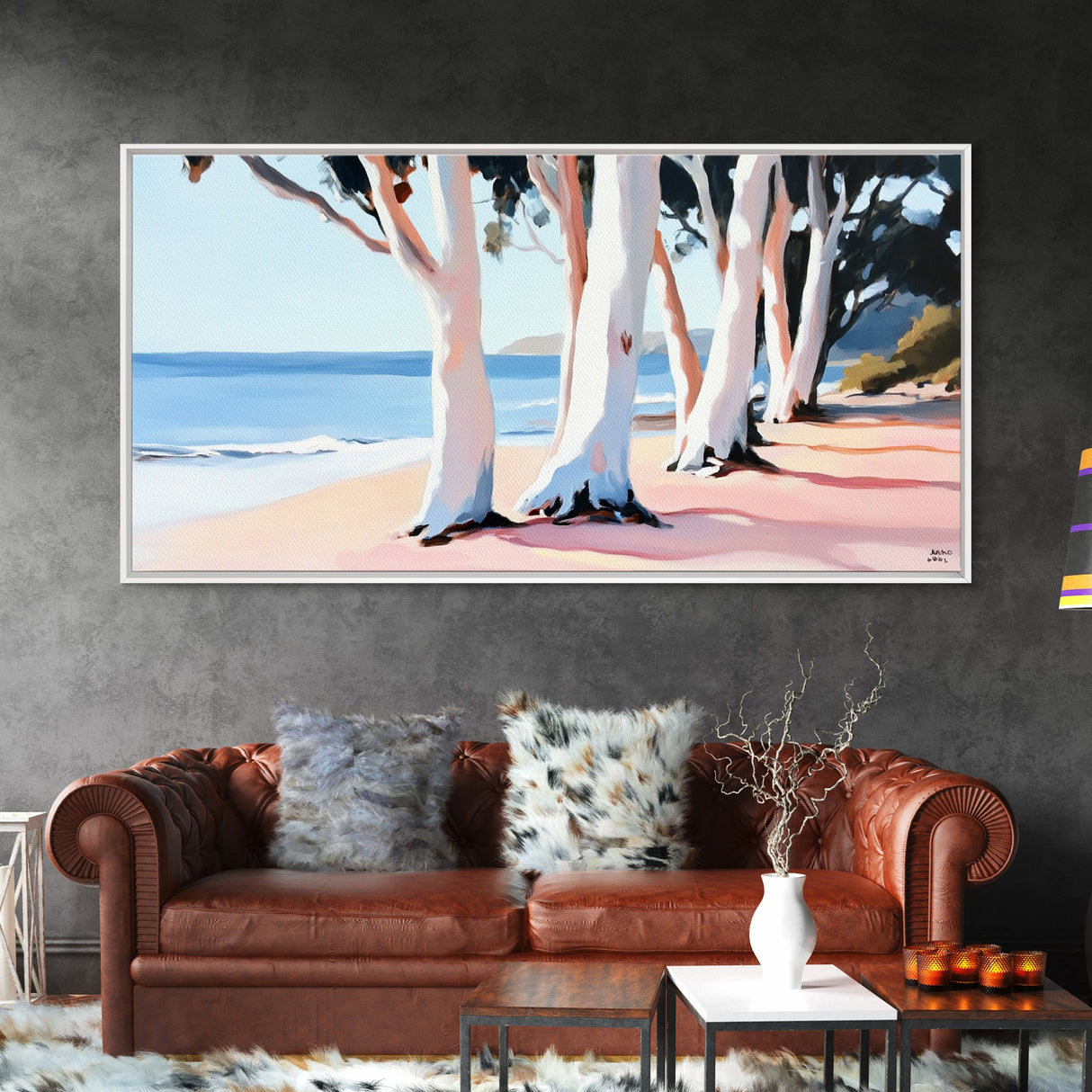 Eucalyptus Grove, Coastal Path, Sunlit Trees, Relaxing Beach Scene, Natural Beauty, Soft Pastel Tones, Modern Home, Canvas Print