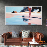 Woman, Reflection, Shoreline, Framed Canvas Print, Feminine Art, Modern Minimalist, Relaxing Home Decor, Pastel Coastal Painting