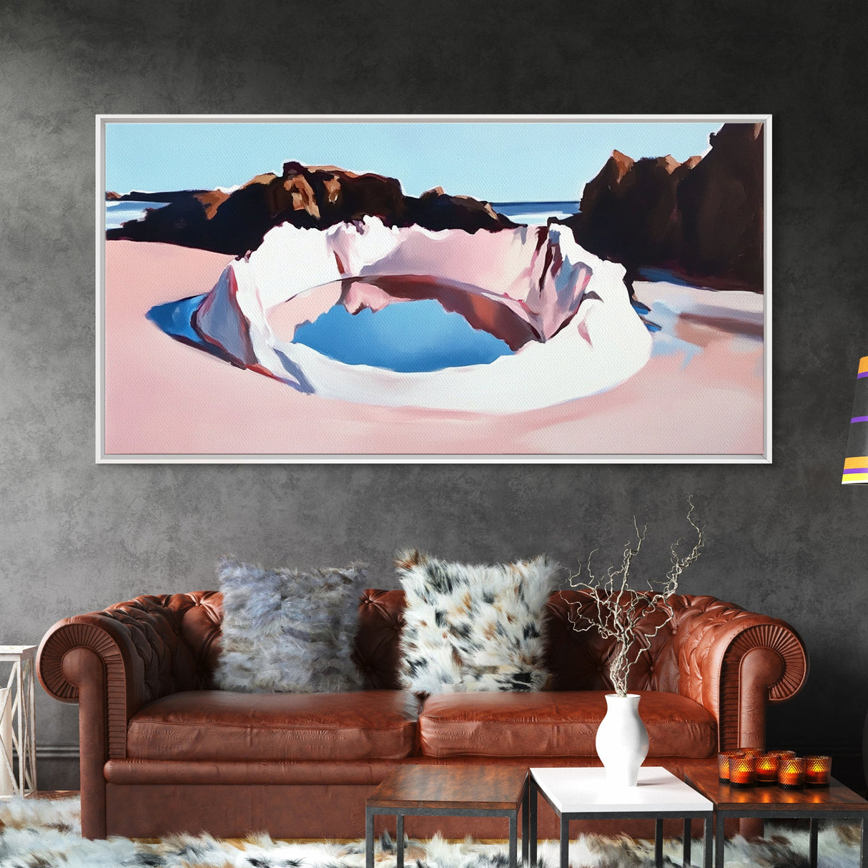 Ocean, Rock Pool, Abstract, Framed Canvas Print, Coastal Home Decor, Tranquil Artwork, Minimalist Landscape, Soft Pastel Painting