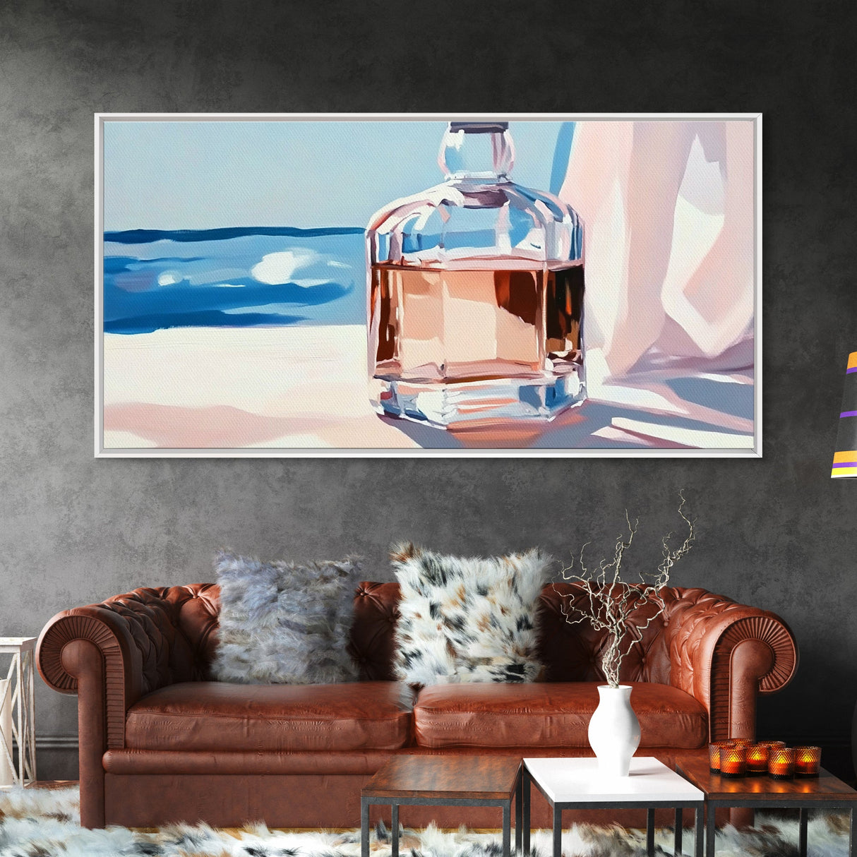 Glass Bottle, Ocean View, Beach House Decor, Coastal Aesthetic, Elegant Still Life, Framed Canvas Print, Pastel Home Decor, Tranquil Art