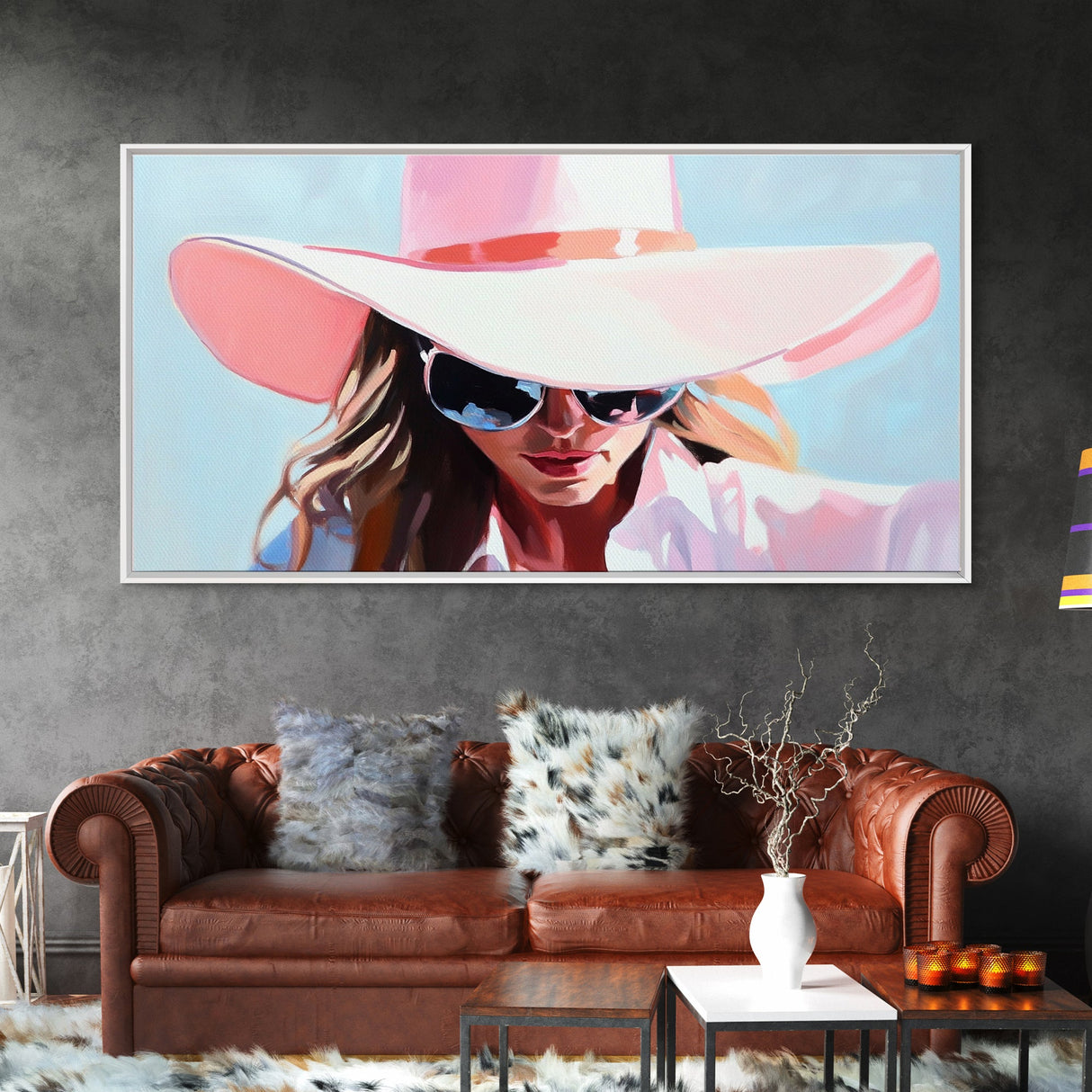 Woman Stylish Hat, Fashion Illustration, Chic Wall Art, Modern Glamour Decor, Framed Canvas Print, Elegant Portrait, Pastel Aesthetic