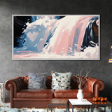 Waterfall Scene, Nature Wall Art, Serene Landscape Art, Modern Minimalist Print, Blue and Pink Tones, Framed Canvas Print, Living Room Art