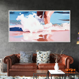Ocean Waves, Coastal Beach Art, Water Splash Photography, Summer Boho Print, Blue and Pink Pastel Tones, Framed Canvas Print, Bathroom Art