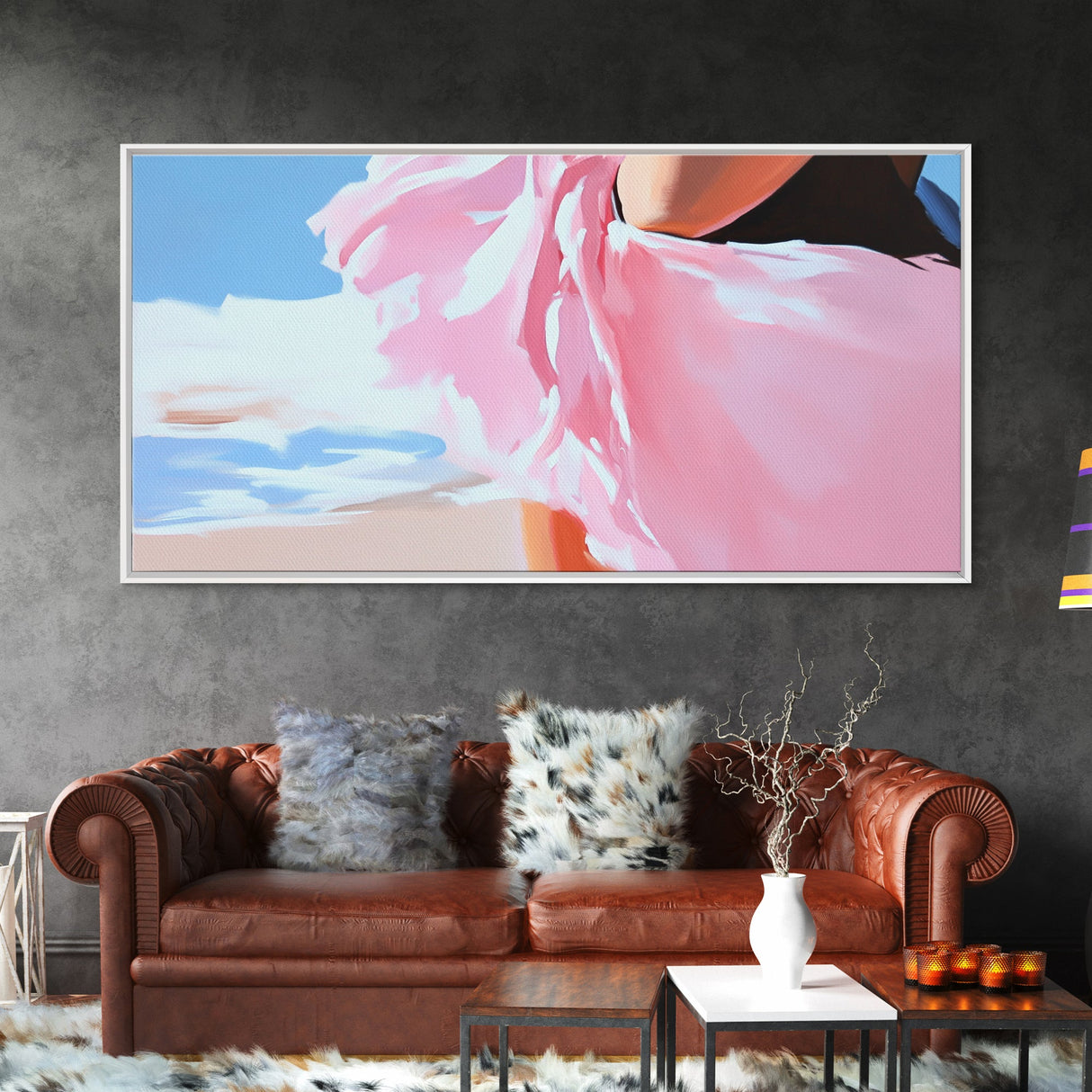 Flowing Dress, Beach Wind, Feminine Elegance, Fashion Wall Art, Framed Canvas Print, Ocean Breeze, Modern Home Decor, Soft Pink Aesthetic
