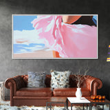Flowing Dress, Beach Wind, Feminine Elegance, Fashion Wall Art, Framed Canvas Print, Ocean Breeze, Modern Home Decor, Soft Pink Aesthetic