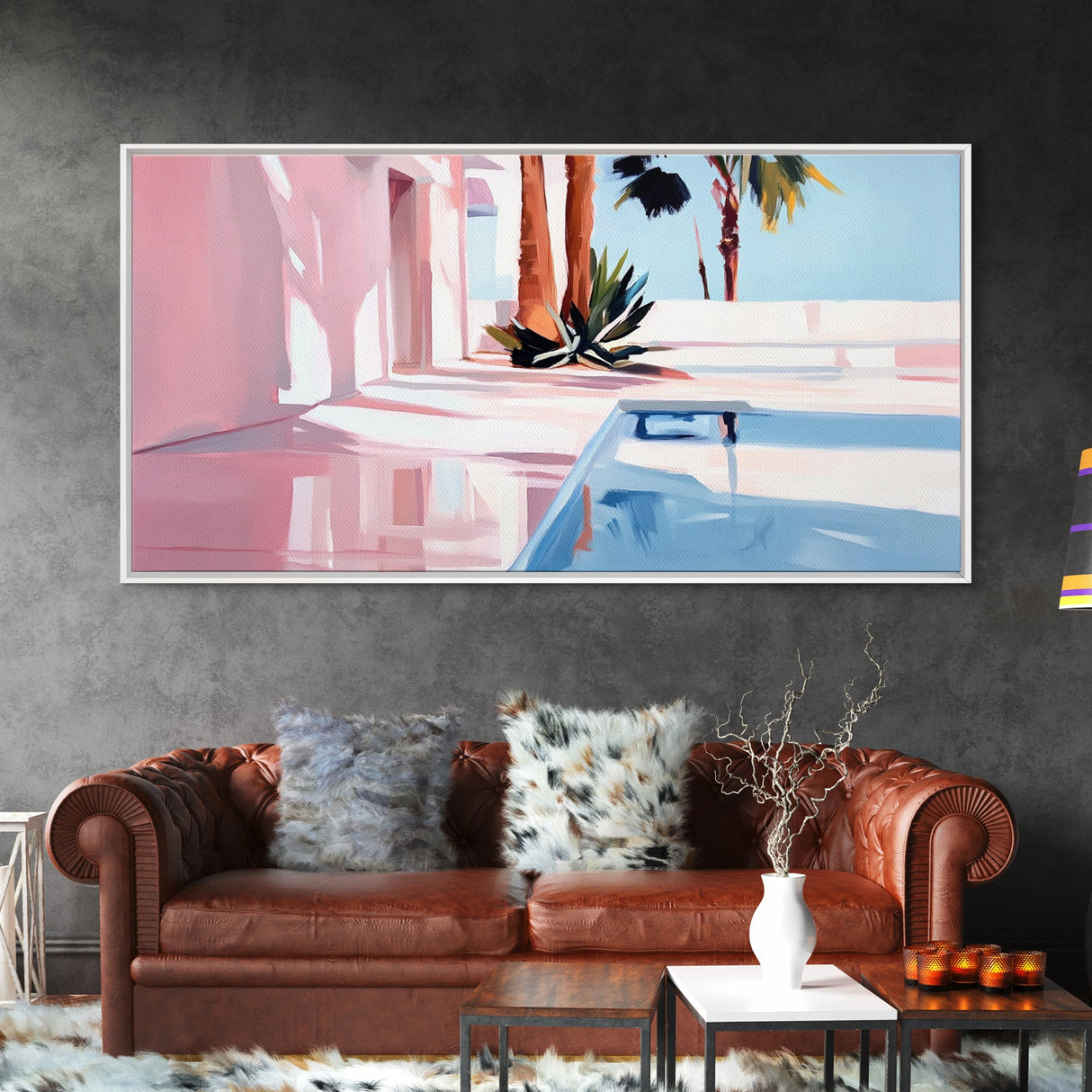 Pink Villa, Poolside View, Tropical Retreat, Canvas Print, Mediterranean Art, Vacation Home Decor, Palm Tree Wall Art, Resort Aesthetic