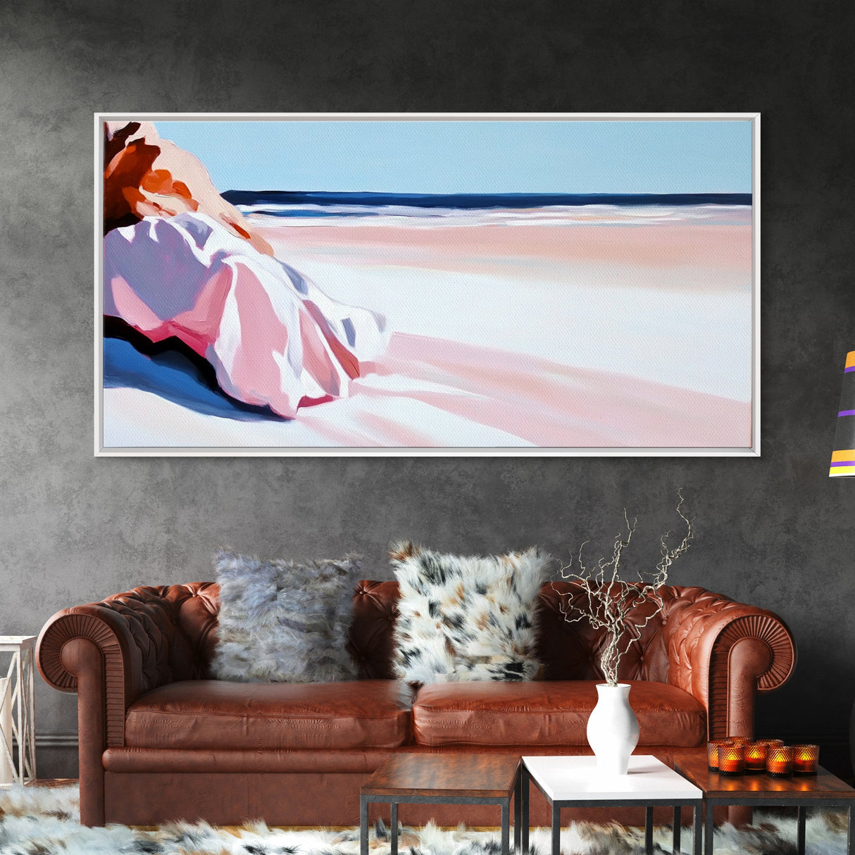 Woman in Pink, Beachside Relaxation, Canvas Print, Summer Aesthetic, Feminine Wall Art, Minimalist Seascape, Pastel Color Palette
