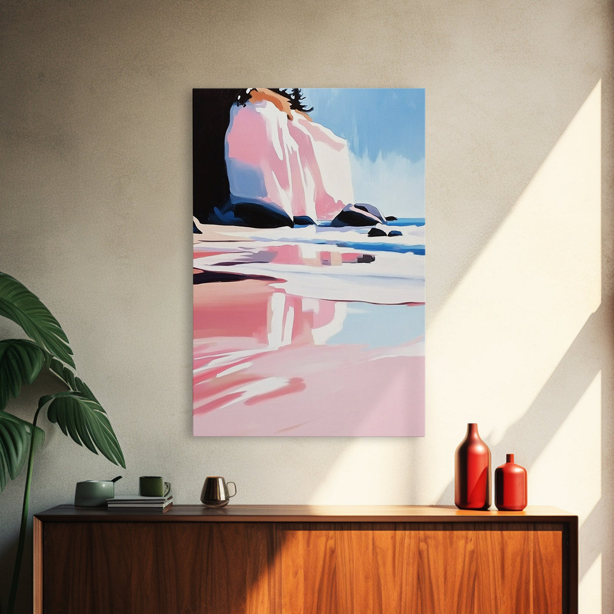 Pink Waves, Ocean Reflection, Coastal Landscape, Summer Wall Art, Boho Beach Decor, Canvas Print, Bedroom Art, Vibrant Seaside Painting