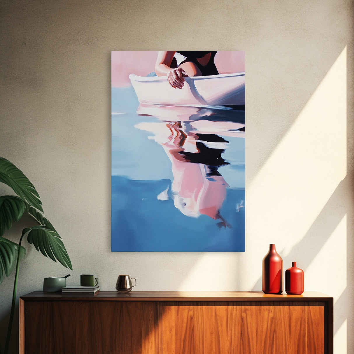 Woman on Water, Summer Reflections, Framed Canvas Print, Contemporary Minimalism, Relaxing Wall Decor, Coastal Home Accent