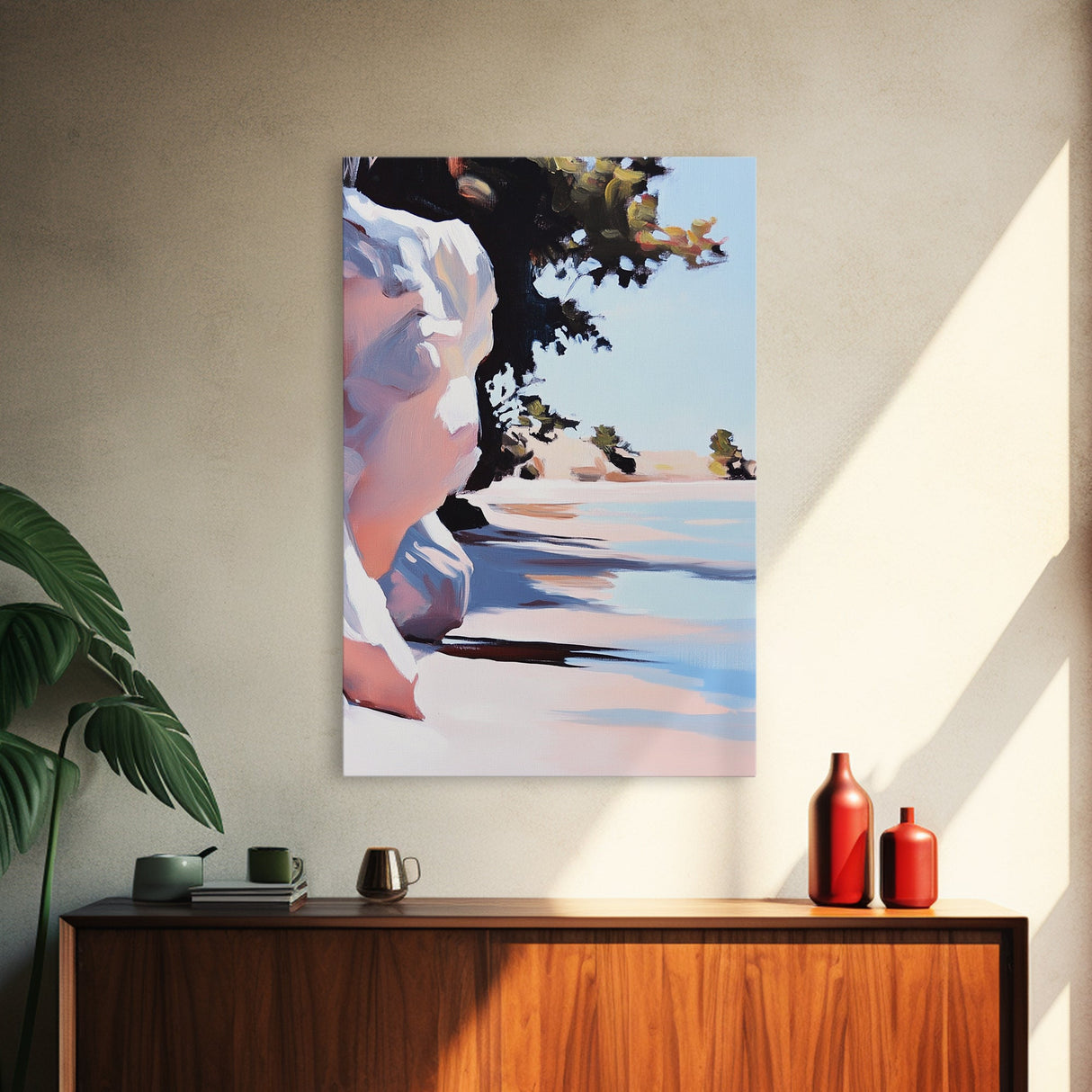 Shoreline, Sunset, Shadows, Warm, Framed Canvas Print, Seascape Wall Art, Boho Beach Decor, Ocean Sunset Artwork, Coastal Home Aesthetic