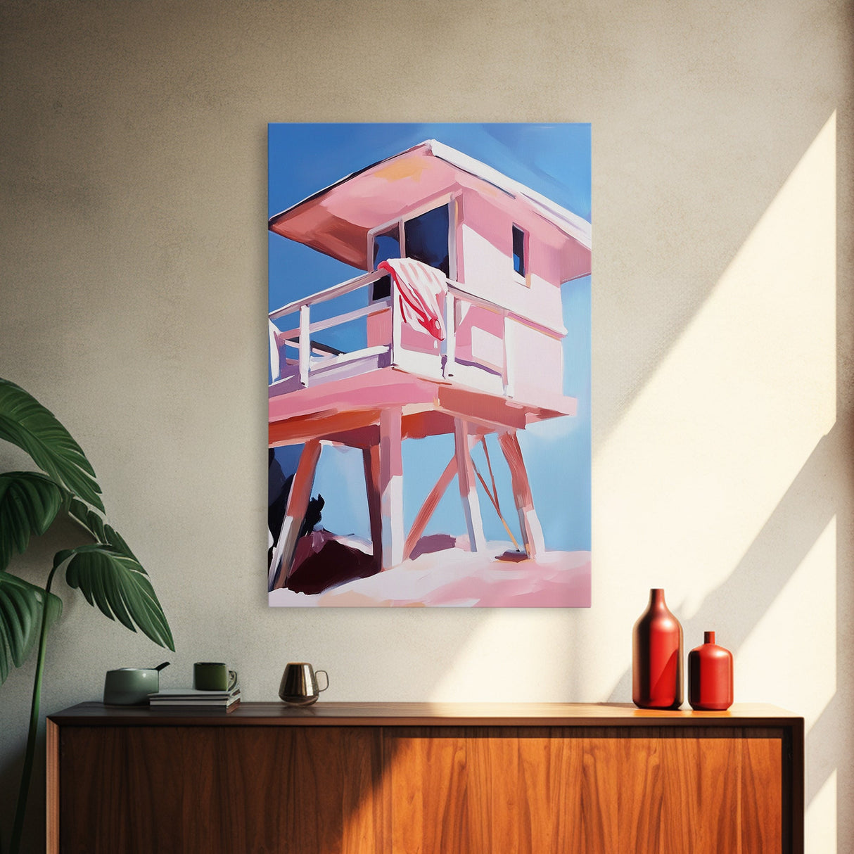Lifeguard Tower, Beach Scene, Ocean Escape, Framed Canvas Print, Coastal Home Art, Modern Seaside Decor, Relaxing Wall Art