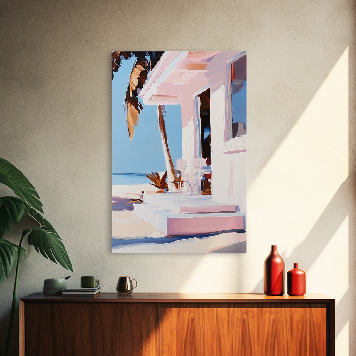 Tropical House, Palm Trees, Beach Art, Modern Coastal, Framed Canvas Print, Relaxing Home Decor, Minimalist Aesthetic, Summer Escape