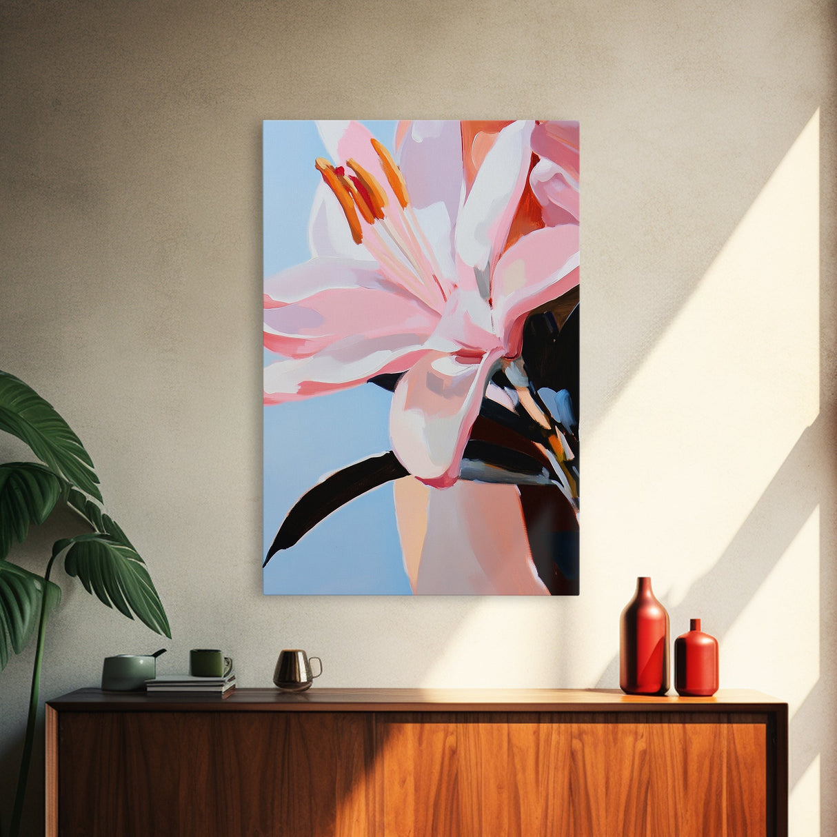 Pink Lily, Floral Painting, Modern Flower Wall Art, Framed Canvas Print, Bedroom Decor, Feminine Aesthetic, Boho Botanical Art
