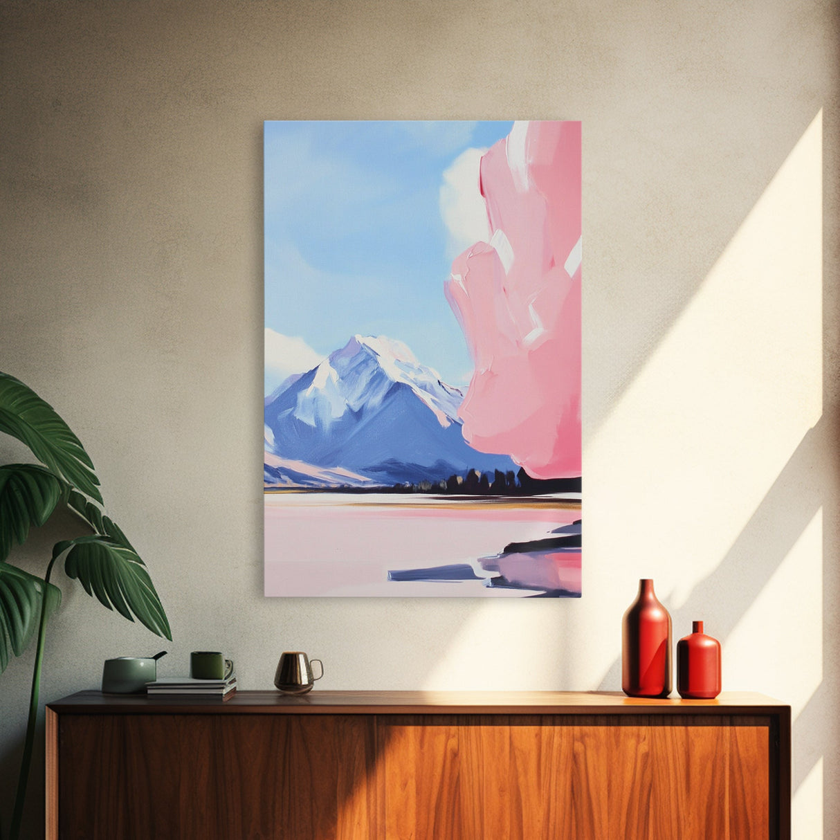 Snowy Mountain Art, Pastel Landscape, Modern Nature Print, Framed Canvas Print, Winter Decor, Minimalist Wall Art, Cozy Home Aesthetic