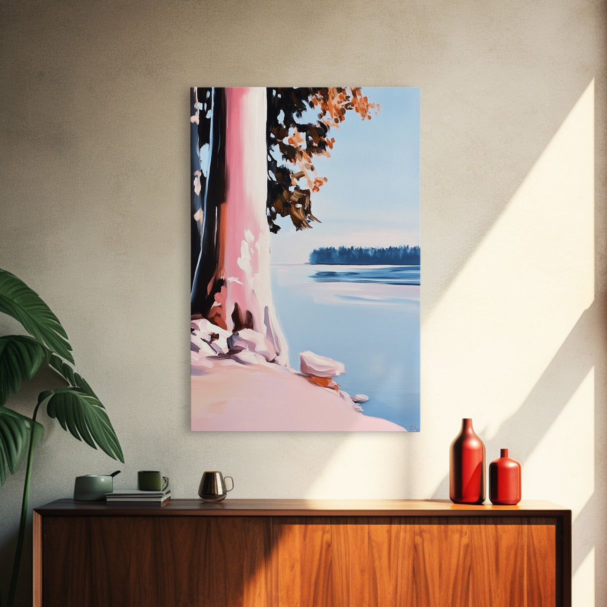 Lake View, Coastal Wall Art, Pastel Landscape, Minimalist Print, Framed Canvas Print, Beach House Decor, Bedroom Aesthetic