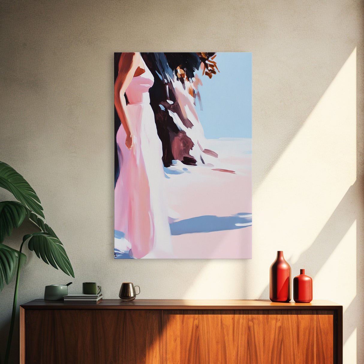 Woman in Dress, Feminine Wall Art, Beach Scene, Soft Pastel Print, Framed Canvas Print, Romantic Home Decor, Elegant Artwork