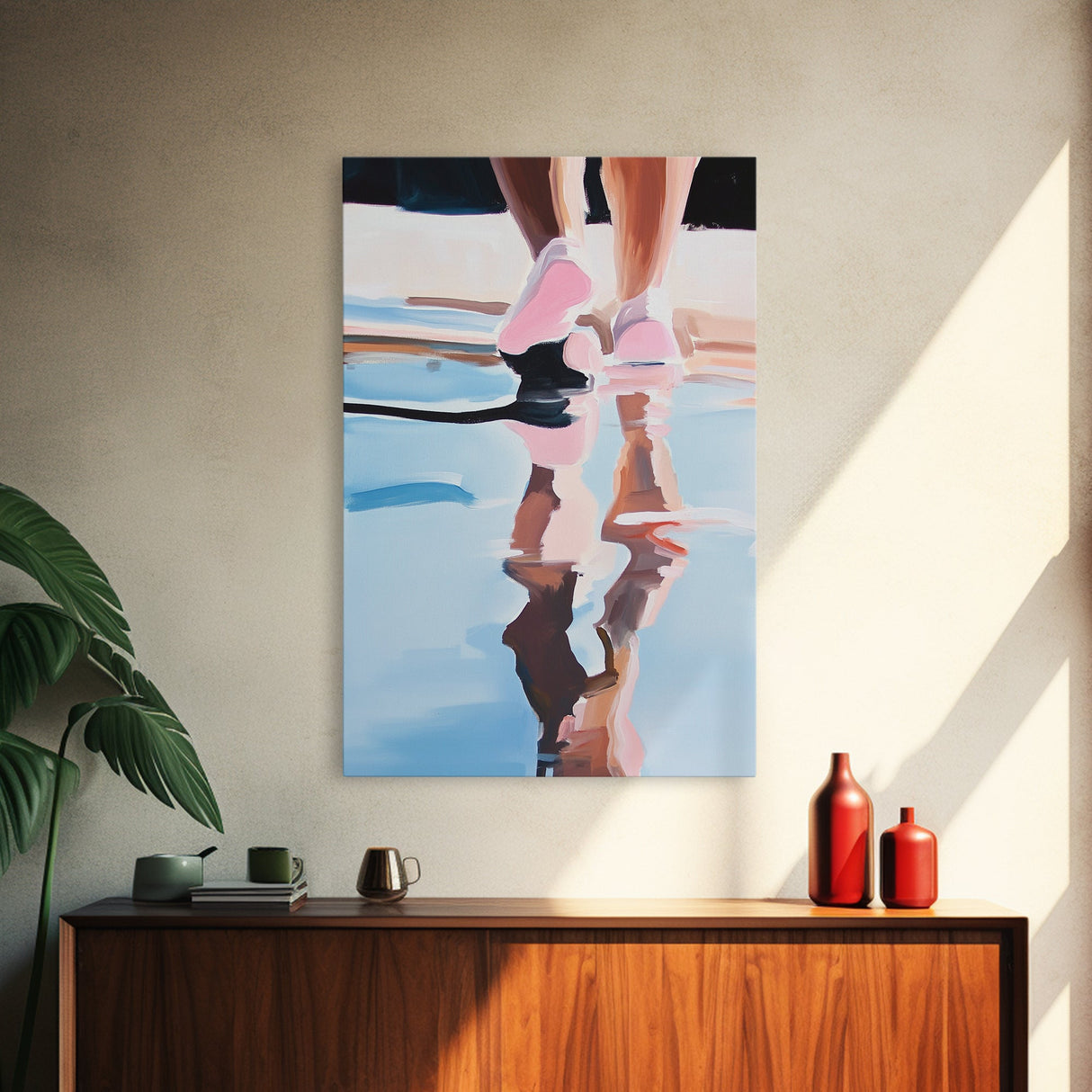 Walking Reflection, Water Art, Abstract Minimalist, Modern Home Decor, Blue and Pink Art, Bedroom Wall Art, Framed Canvas Print