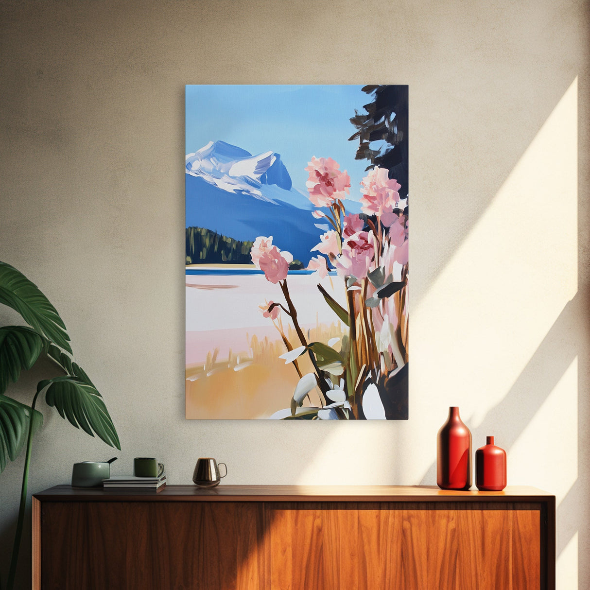 Mountain Flowers, Nature Landscape, Romantic Aesthetic, Rustic Cabin, Framed Canvas Print, Cozy Home Decor, Living Room Wall Art