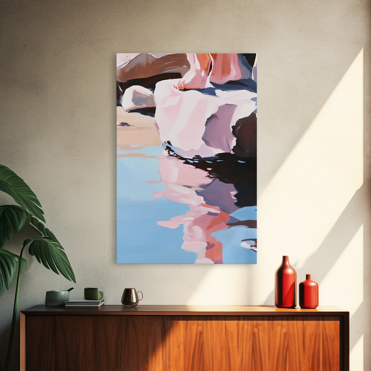 Reflection Art, Minimalist Design, Pink and Blue Landscape, Soft Hues, Modern Wall Decor, Framed Canvas Print, Living Room