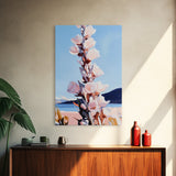Wildflower Bloom, Pastel Floral Art, Nature Inspired, Tranquil Landscape, Soft Blue and Pink Hues, Framed Canvas Print, Entryway