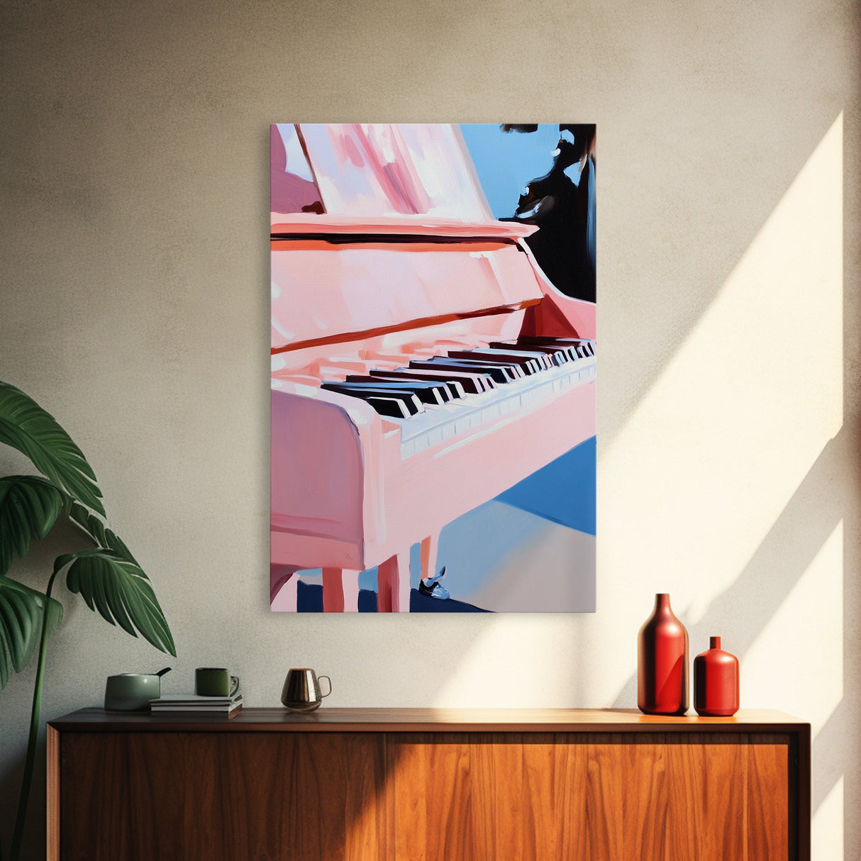 Pink Grand Piano, Elegant Music Art, Artistic Decor, Framed Canvas Print, Minimalist Home Art, Musician Gift, Boho Wall Art