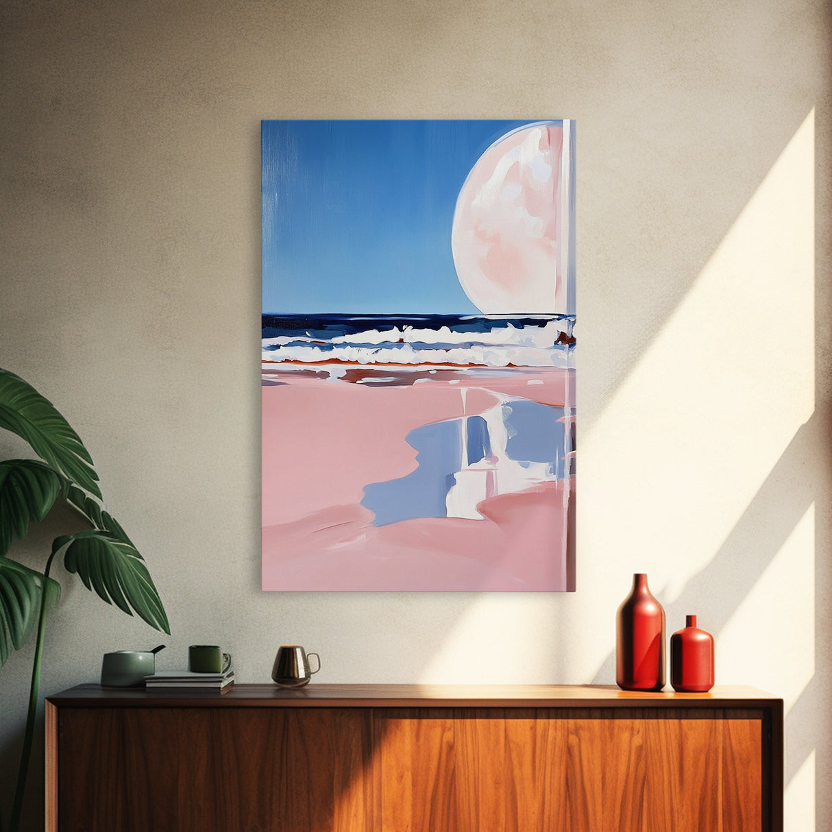 Moonlit Beach, Ocean Waves, Surreal Seascape, Canvas Print, Dreamy Coastal Art, Living Room Decor, Nautical Aesthetic, Minimalist Art