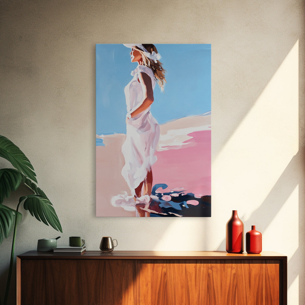 Woman in White, Summer Art, Elegant Coastal Decor, Framed Canvas Print, Beach Painting, Modern Boho Wall Art, Bedroom Wall Art