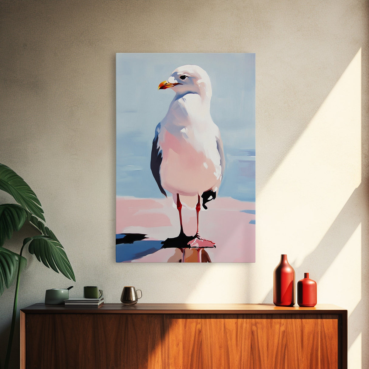Seagull, Coastal Bird, Minimalist Beach, Modern Wall Art, Framed Canvas Print, Ocean Artwork, Seaside Decor, Living Room Art