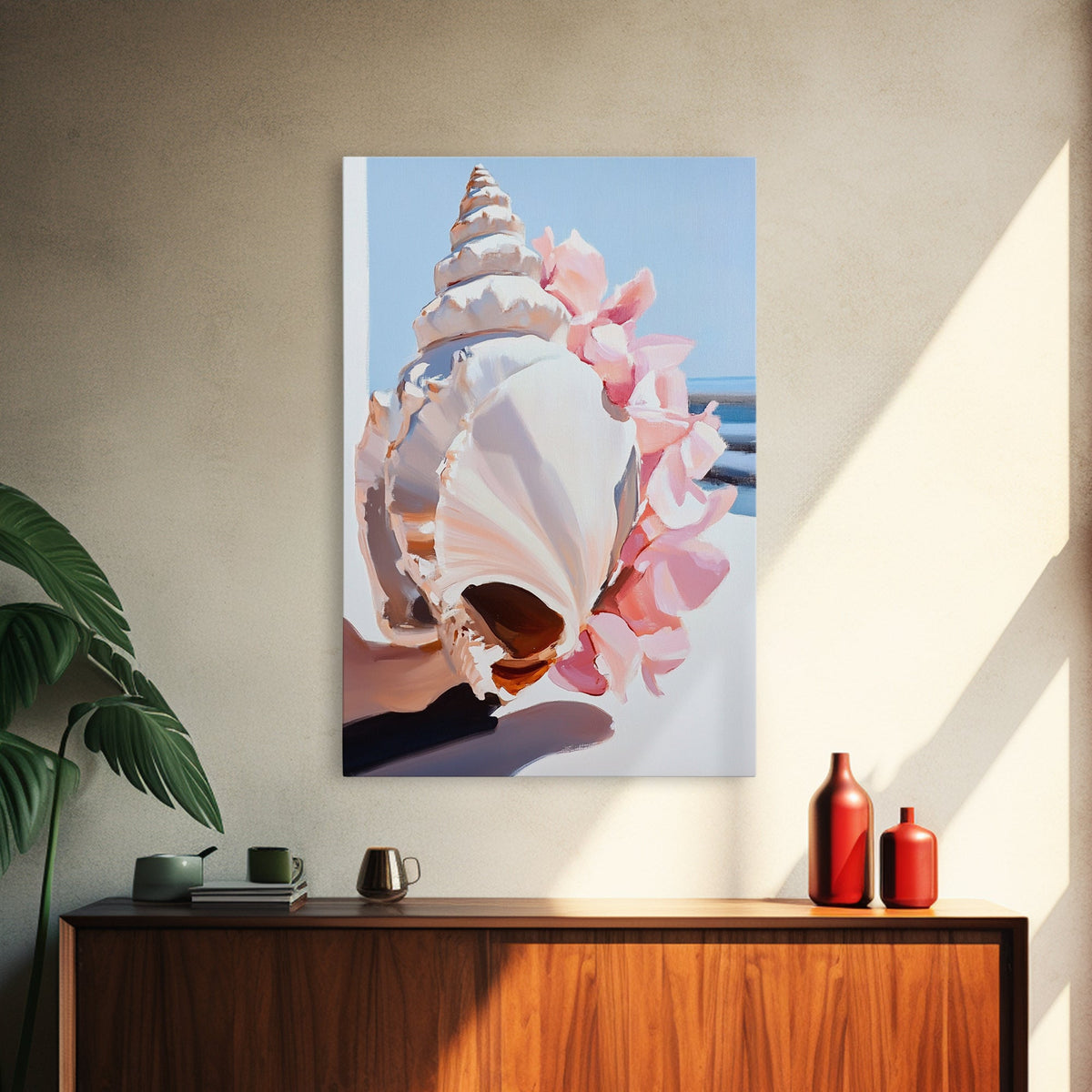 Seashell, Pink Flowers, Beach Aesthetic, Coastal Wall Art, Framed Canvas Print, Nautical Decor, Ocean Lover, Bedroom Art