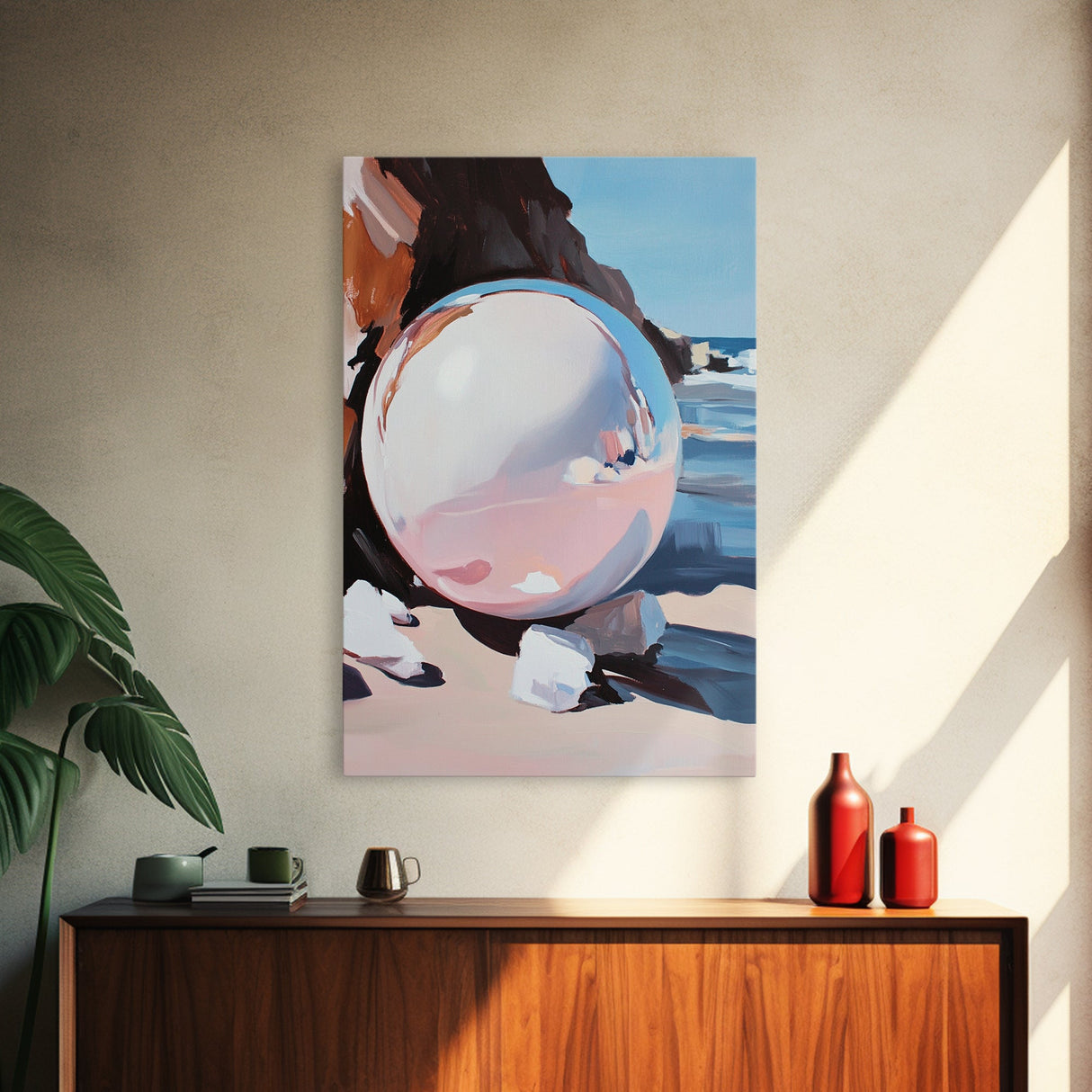 Reflective Sphere, Surrealist Print, Beach Art, Coastal Decor, Framed Canvas Print, Minimalist Aesthetic, Living Room Wall Art