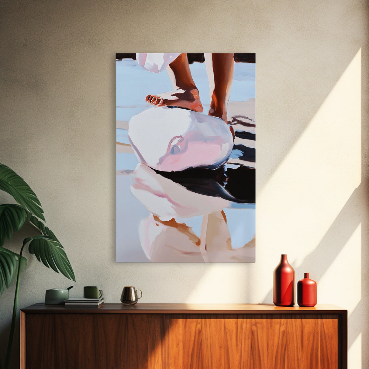 Foot on Sphere, Abstract Art, Surreal Decor, Pastel Aesthetic, Framed Canvas Print, Modern Home, Unique Wall Art, Living Room Painting
