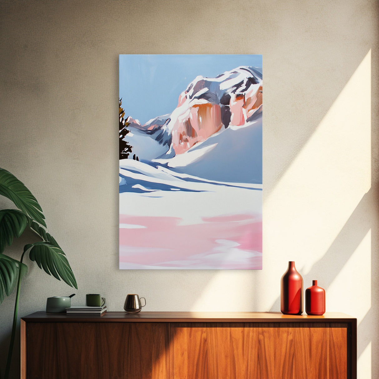 Snowy Mountains, Pink Winter Landscape, Minimalist Christmas Art, Modern Nature Painting, Cozy Lodge Wall Art, Canvas Print