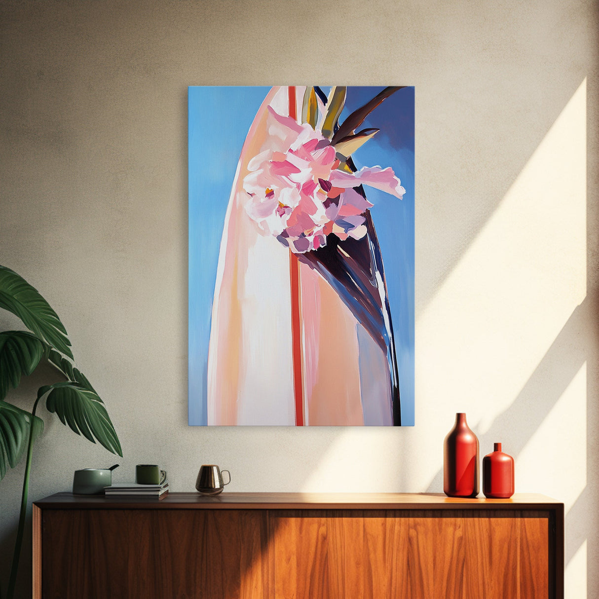 Surfboard Flowers, Tropical Boho Art, Framed Canvas Print, Coastal Wall Decor, Pastel Summer Painting, Beach Aesthetic, Minimalist Art