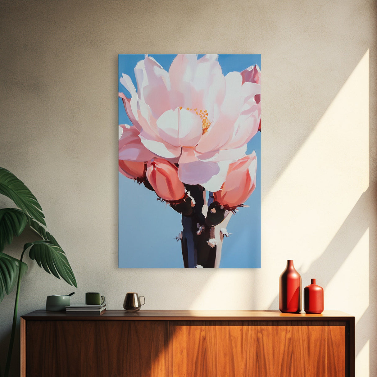 Blooming Cactus, Floral Desert Art, Southwestern Wall Decor, Minimalist Boho Painting, Framed Canvas Print, Pastel Botanical Wall Art