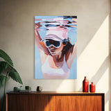 Woman swimming, Coastal Serenity Art, Framed Canvas Print, Modern Beach House Decor, Soft Pastel Seascape, Minimalist Landscape Painting