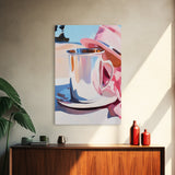 Silver Cup and Hat, Elegant Still Life, Minimalist Kitchen Decor, Soft Pastel, Modern Aesthetic, Canvas Print, Framed Canvas Print