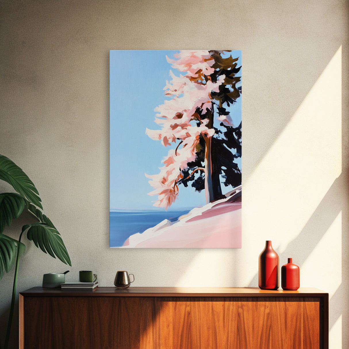 Serene, Mountain View, Pine Tree, Framed Canvas Print, Nature Inspired Wall Art, Peaceful Landscape, Minimalist Home Decor, Office Art