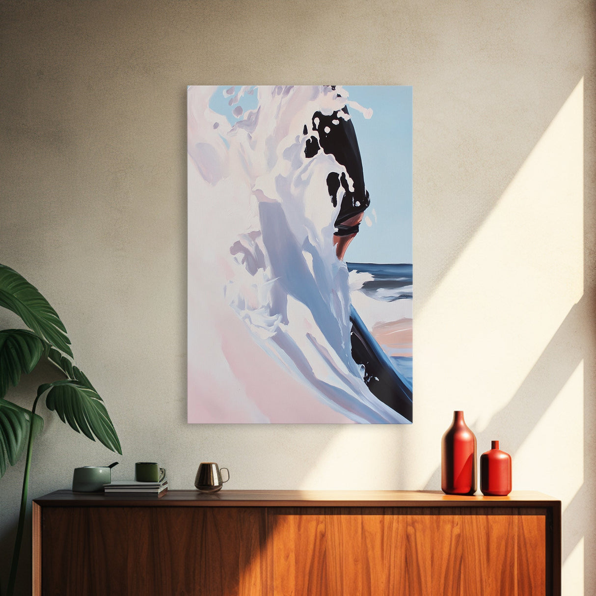 Surf, Ocean Wave, Coastal Art, Framed Canvas Print, Abstract Beach Painting, Blue and White Art, Minimalist Seascape, Bedroom Wall Art