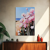 Coastal Flowers, Pink Daisy Art, Floral Beach Decor, Framed Canvas Print, Modern Boho Wall Art, Bedroom Artwork, Summer Aesthetic