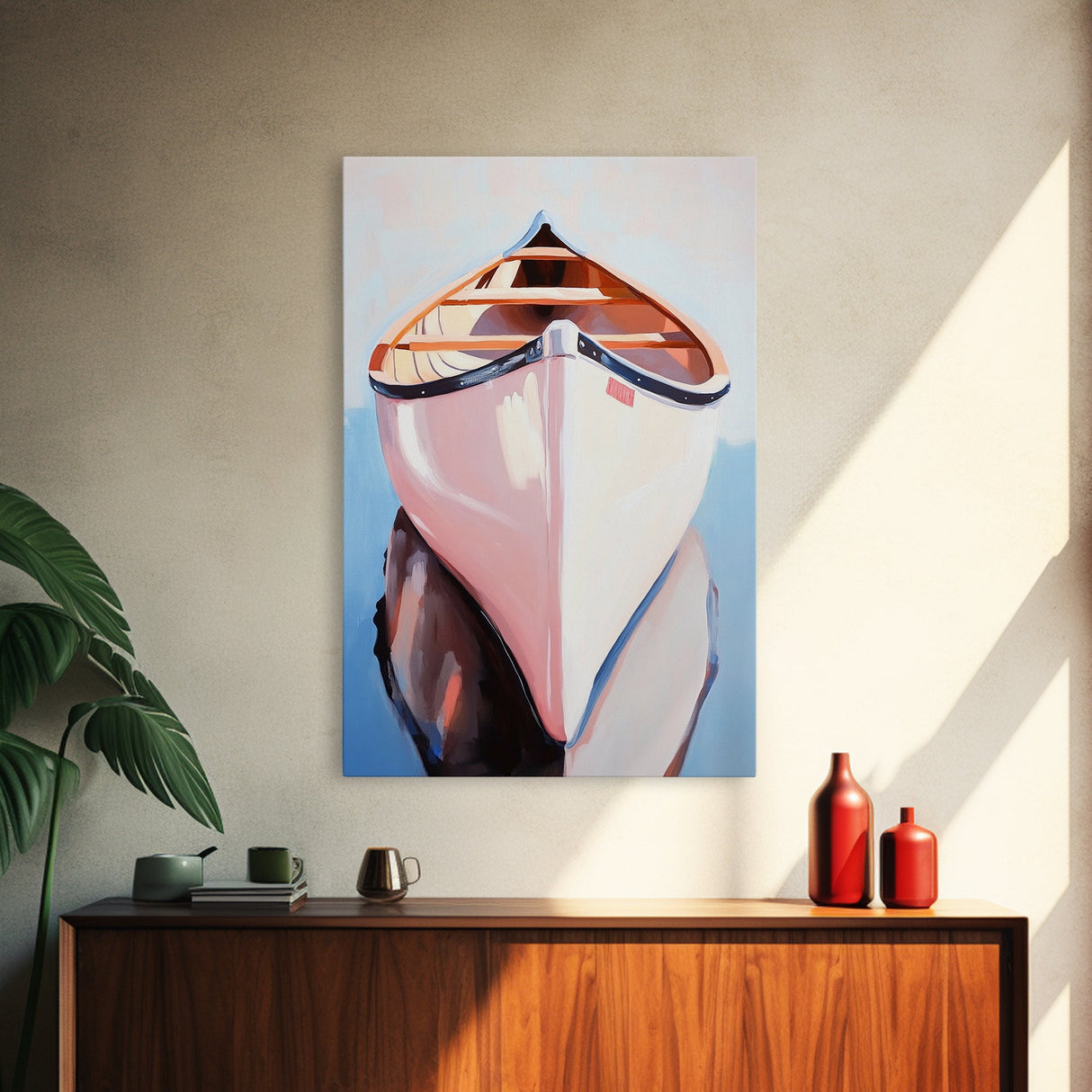 Wooden Canoe, Peaceful Waters, Reflection Art, Framed Canvas Print, Boho Decor, Nautical Style, Lake House Art, Minimalist Landscape