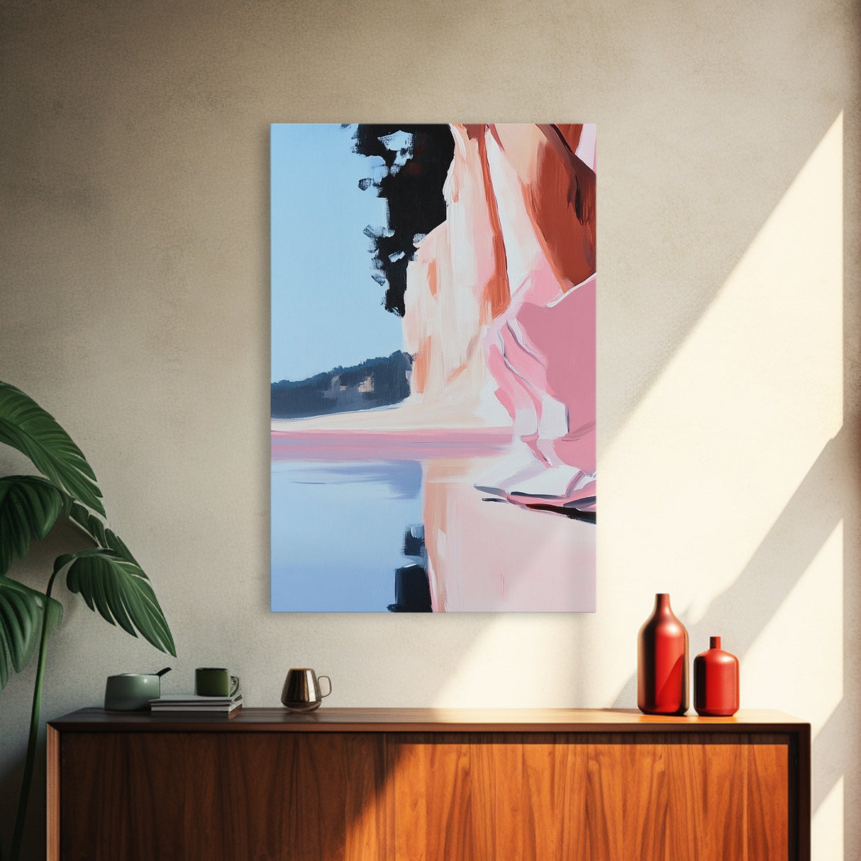 Lakeside Reflection, Calm Water Art, Serene Landscape, Pink and Blue Painting, Boho Minimalist Decor, Framed Canvas Print, Gift Idea